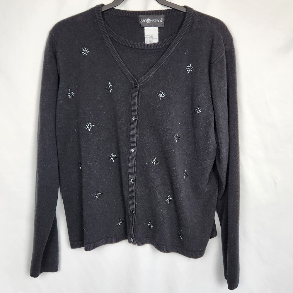Sag Harbour Womens Sweater Large Black Embellished Layer Look Beaded